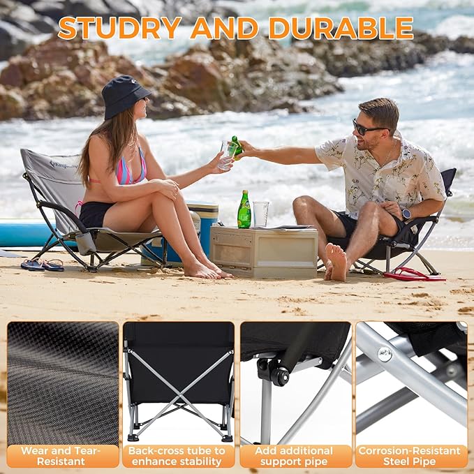 KingCamp Low Beach Chairs, Portable Folding Chair for Adults Extra Wide Ergonomic High Back Seat 300lbs Heavy Duty Lightweight Oversized Gear with Carry Bag for Outdoor Lawn Camping Picnic