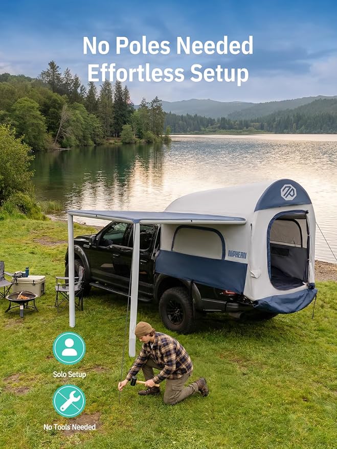 Niphean Inflatable Truck Bed Tent with Zipper-Connect Car Awning, 3-Min Setup Camping System for 5.5–8ft Truck Tent, Waterproof PU3000mm + UV50+ Side Shade, 2+1 Person Overland Shelter