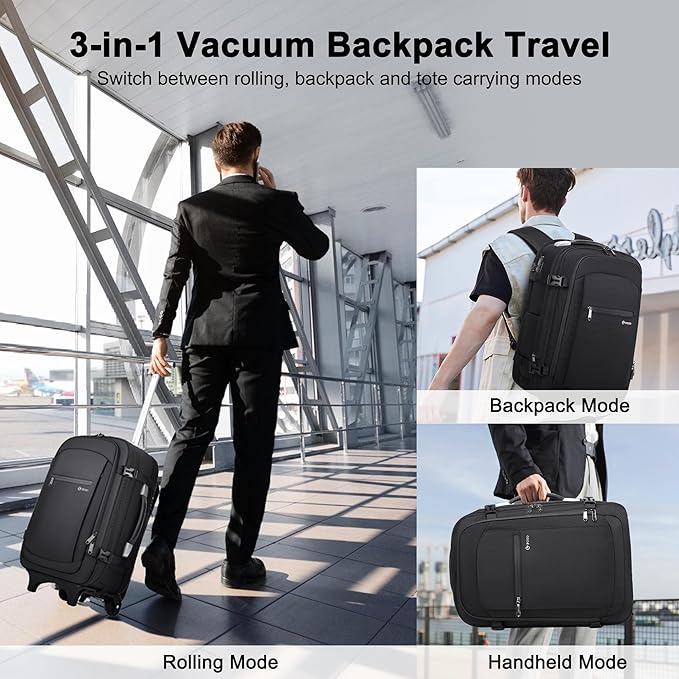 POSO Vacuum Backpack Travel with Pump - 60L Expandable Air Compression System, Vacuum Seal Easyvacpack w/Detachable Wheels, Water Resistant Carry-On Luggage for Traveler Graduate, TSA Lock - Black