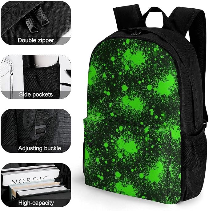 Rucksack Polyester Anti-Theft Multipurpose Green Paint Splatter Black Bookbag Big Capacity Travel and Sport Backpack Rucksack With Side Pockets