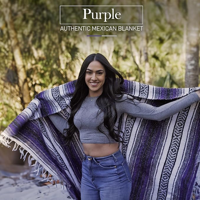 Hydration Nation Authentic Extra Large Mexican Blanket (70"x50") - Handwoven Yoga, Serape - Artisanal Falsa, Beach, Camping, Picnic, Outdoor (Purple)