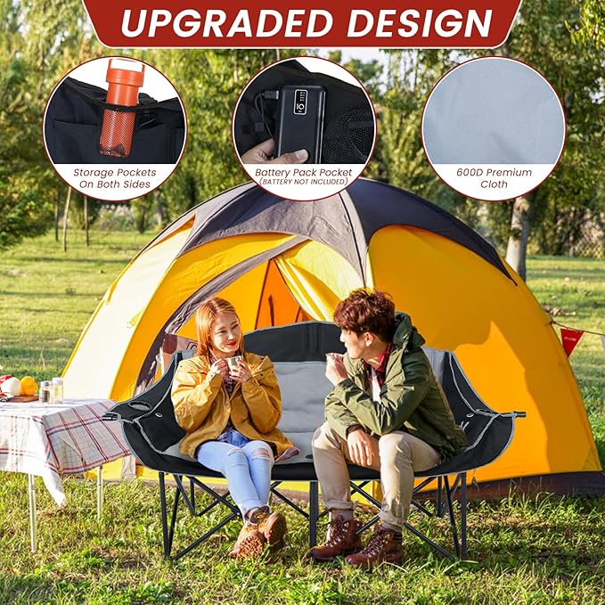 DoCred Heated Double Camping Chair, Heated Folding Camping Chairs Loveseat Outdoor Sports,Heating Oversized Lawn Chairs for Adults,2 Person Camp Chair with 3 Heat Levels, Battery NOT Included