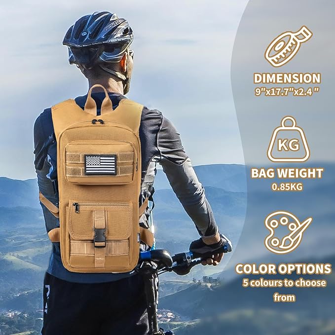 Hydration Backpack, Tactical Molle Water with 2L TPU Water Bladder, for Men Women Lightweight Water Backpack, Hydration Pack for Hiking, Biking, Climbing and Hunting, Khaki