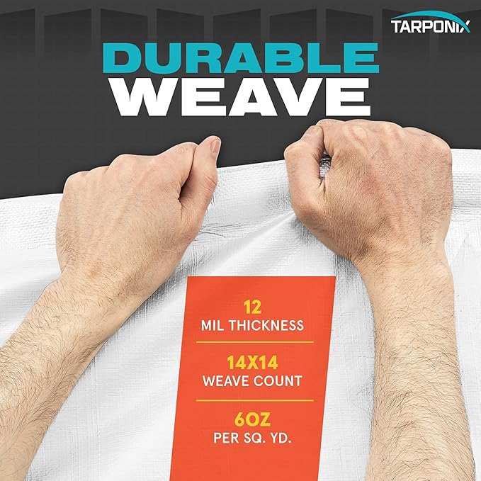 30' x 50' Extra Heavy-Duty White Poly Tarp – 12 Mil Thick, Waterproof, UV-Resistant Polyethylene with Reinforced Edges, Double-Stitched Hems, and Rustproof Grommets