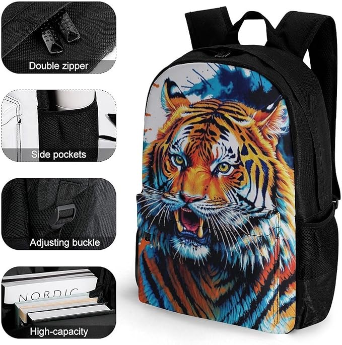 Supdreamc Lightweight Daypack Backpack for Sports Travel Running, Large Capacity Multipurpose Anti-Theft Bookbag, Blue Fierce Wild Tiger Animal King Art Laptop Backpack Daypack