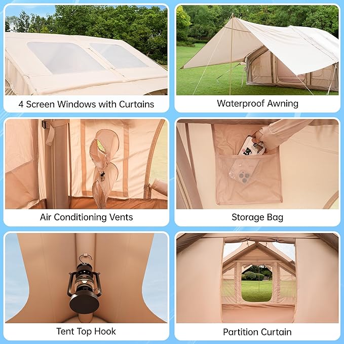 Inflatable Camping Tent with Pump & 1/2 Awnings, 8-14 Person Air Tents for Camping Adult, Large Waterproof Oxford Family Glamping Tent, Quick Setup Big Tent for Outdoor Camping