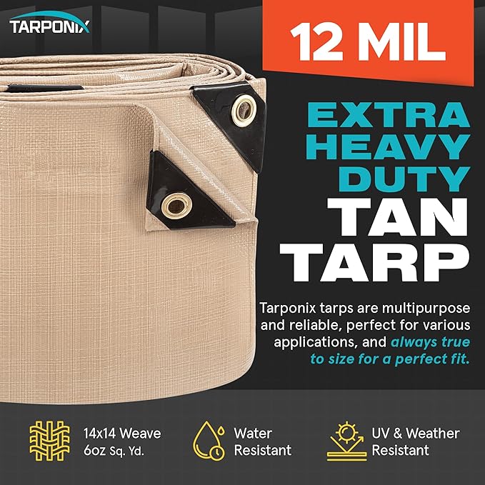 20' x 40' Extra Heavy-Duty Tan Poly Tarp – 12 Mil Thick, Waterproof, UV-Resistant Polyethylene with Reinforced Edges, Double-Stitched Hems, and Rustproof Grommets
