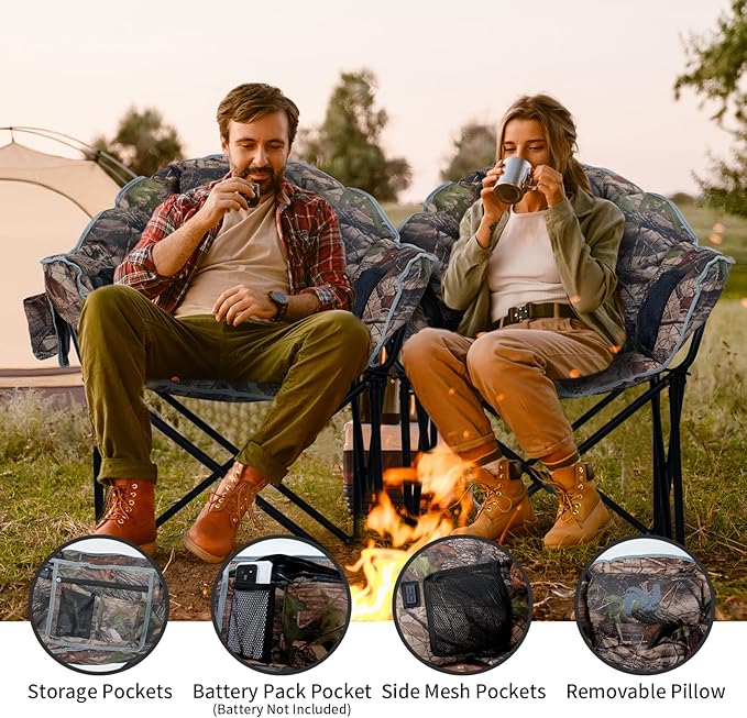 2 Pack Oversized Heated Camping Chair, 3 Heating Levels Portable Folding Camp Chairs with Pillow and Storage Bag, Outdoor Heated Moon Chair for Camping Lawn Patio Beach and Picnics, Camo