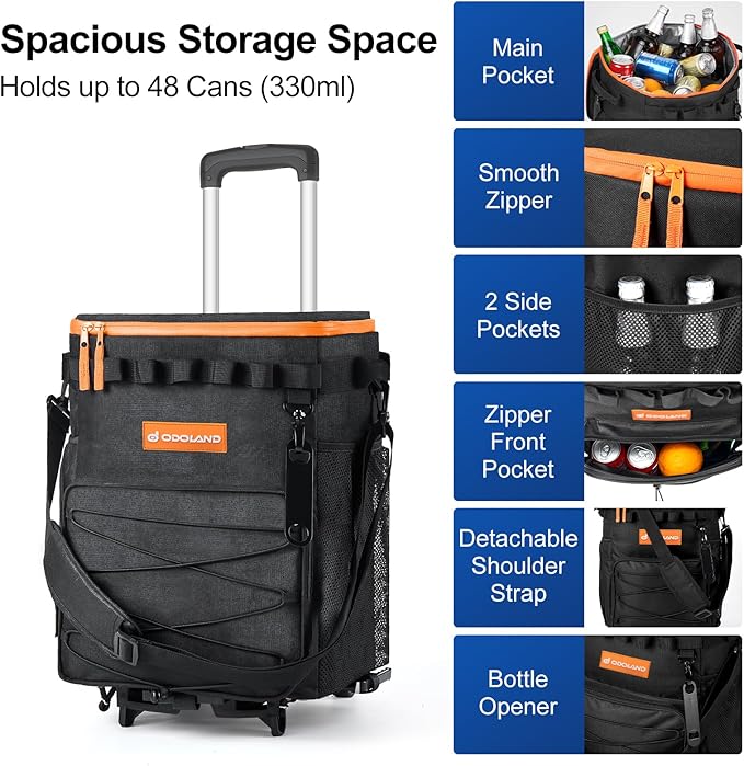 Odoland 48/72 Cans Soft Cooler with Wheels and Handle Collapsible Ice Chest Rolling Coolers on Wheels for Beach Camping Travel and Picnic