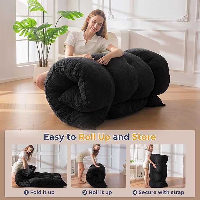 MAXYOYO Floor Mattress Full Size, 6" Chenille Japanese Futon Mattress Foldable Floor Bed for Adults Tufted Roll Up Floor Couch Bed, Tatami Mat Sleeping Pad for Living Room, Bedroom, Black