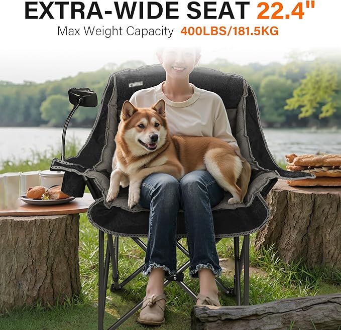 Camping Chairs for Adults-Oversized Extra Large Lawn Chair,Folding Comfy Padded Chair w/Phone Holder,Side Pocket,Cup Holder for Outdoor,Wide&Thick,Heavy Duty 400Lbs,Black