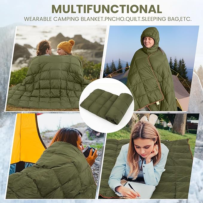 Hooded Down Camping Blanket Waterproof 650 Fill Puffy Poncho Blanket 77" x 50" Packable Wearable Sleeping Bag with Detachable Hat Outdoor Stadium Camping Cold Weather, 1.36 lb(Olive Green)