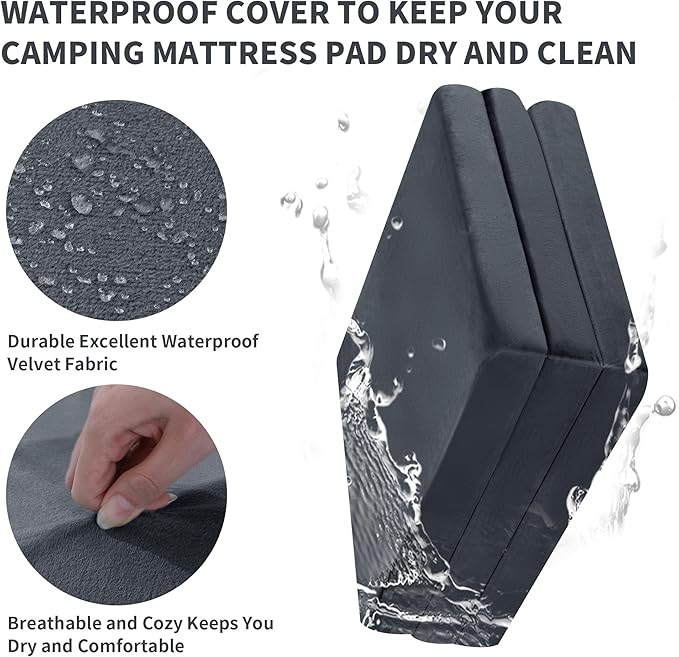 HOMBYS Tri Folding Memory Foam Camping Mattress for Outdoor Sleeping, Portable Waterproof Camping Pad Mat for Travel Truck Bed Tent