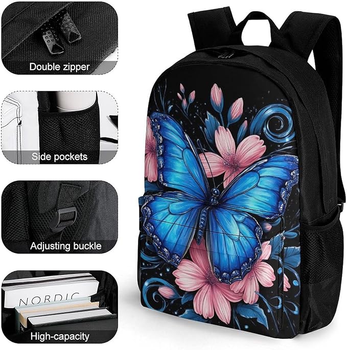 Supdreamc Lightweight Rucksacks for Climbing Outdoors Walking Cycling, Large Capacity Anti-Theft Multipurpose Carry On Bag, Blue Butterfly Camping Outdoor Backpack