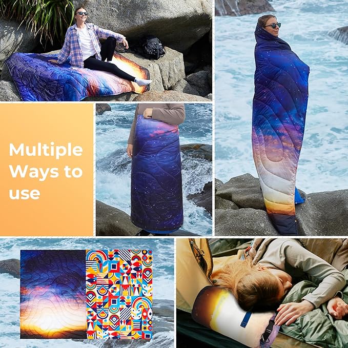 KingCamp Ultralight Camping Blanket, Packable Down Alternative Puffy Printed Wearable Blanket with Snap Buttons & Corner Loops Weatherproof Quilt for Outdoor Travel Stadium (79" L x 57" W, Sunrise)