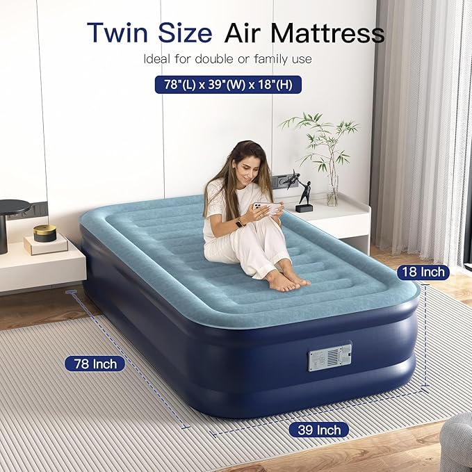 Twin Air Mattress 18” with Built in Pump, 2 Mins High Speed Inflation Luxury Auto Stop Pump Blow Up Mattress Comfort Air Bed, Colchones Inflables