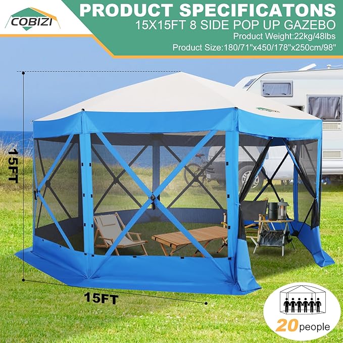 COBIZI 15x15 FT Pop Up Gazebo - Canopy Tent, Large Gazebos On Clearance with Sidewalls, Screened in Gazebo,carpas para Patio,Portable Screen Tents for 12-15 Persons Outdoor Camping, Backyard,Blue