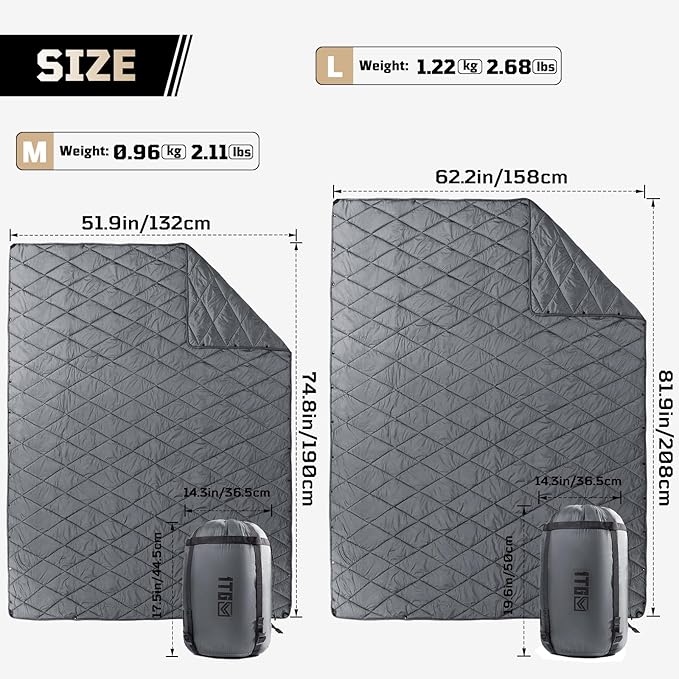 Camping Blanket - Packable, Ultra Warm and Lightweight with Snap Button Backpacking Quilt Water-Resistant, for Sleeping, Outdoors, Travel, and Indoor Use - Large/Gray