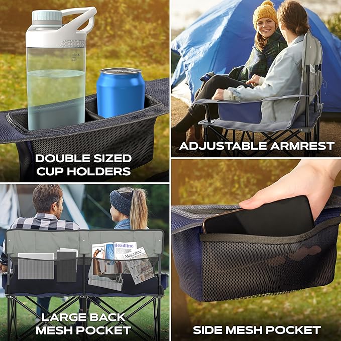 Oversized Fully Padded Double Camping Chair, Portable Folding Loveseat w/Side & Back Pockets, Adjustable Armrests, Double-Sized Cup Holders for Outdoor, Indoor, Supports 530LBS (Dark Navy)