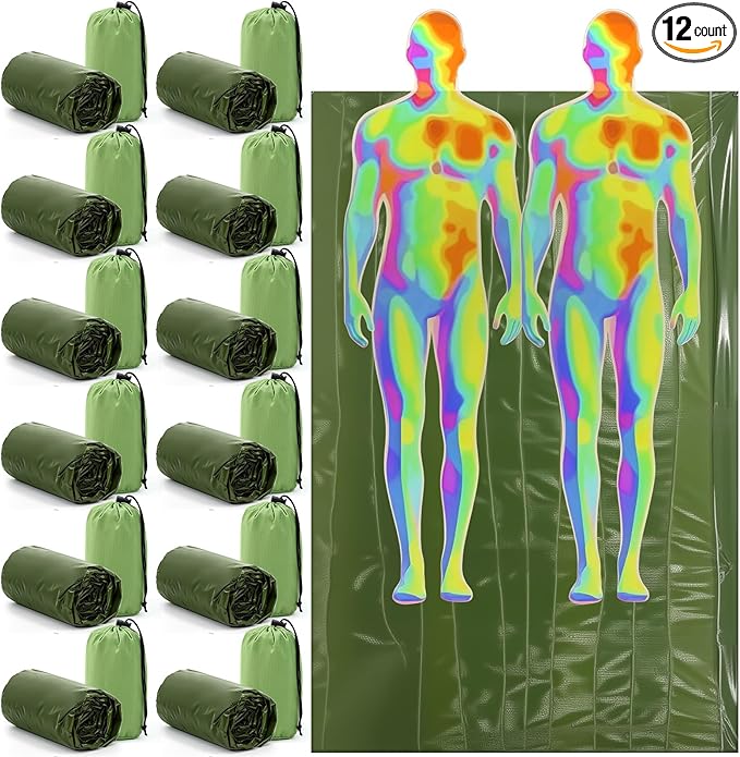Mixweer 12 Pcs Emergency Sleeping Bag Portable Survival Thermal Bivy Sack Lightweight Emergency Shelter for Homeless People Waterproof Bivy Bag for Camping Hiking Adventure Outdoor, Green
