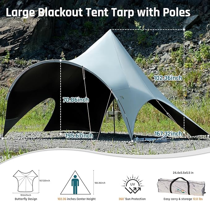 Large Blackout Camping Tarp with Poles Waterproof Shade Canopy Tent Tarp Sun Shade Shelter for Outdoor Camping Backyard Picnic - Included Guy Lines & Luminous Tent Stakes, Gray