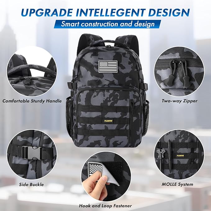 PLUSINNO Tactical Backpack, 40L Water Resistant Military Backpack, gym backpack for men, Laptop Backpack, Large MOLLE Tactical Bag, 3-Day Bug Out Bag For Work Camping, Hiking with Molle System
