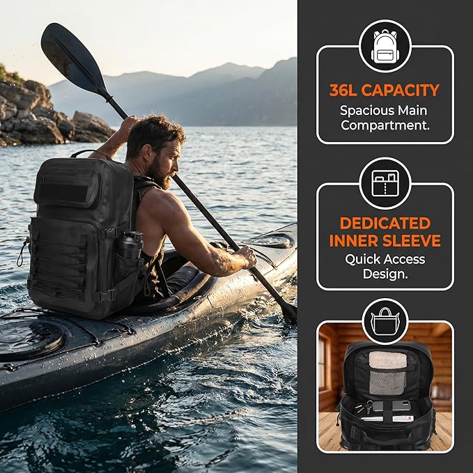 Dry Bag Waterproof Backpack 30L Tactical Backpack for Kayaking Hiking Boating Paddle Boarding Fishing Travel Camping Beach Floating Dry Bag for Men Women (Black)