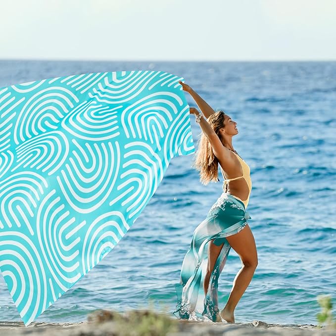 Beach Blanket, 78''×86'' Large Waterproof Sandproof Beach Mat for 2-4 Adults, Lightweight Compact Sand Free Outdoor Picnic Blanket with 4 Stakes & 4 Corner Pockets