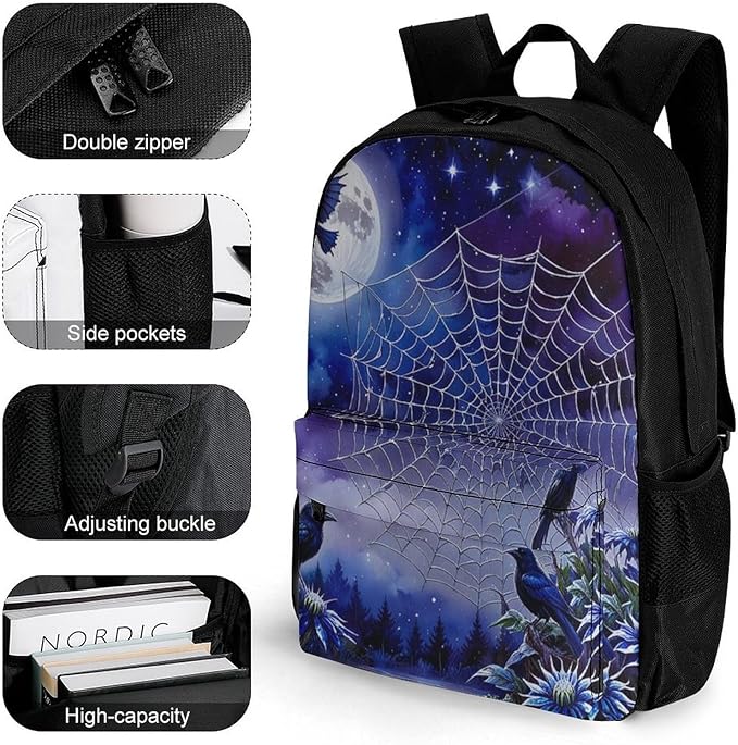 Supdreamc Men Women Polyester Dream Catchers Net And Raven Daypack Big Capacity Shoulder Bag With Adjustable Shoulder Straps for Camping Travel Walking Cycling