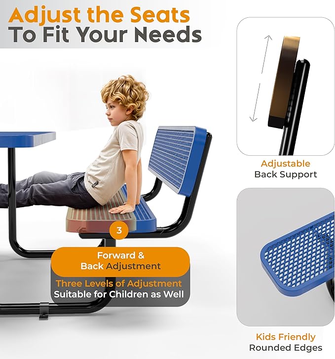 Metal Picnic Furniture for Outdoors with Umbrella Hole - Coated Steel Heavy Duty Commercial Grade Table with Adjustable Seats, Patio Set for a Lifetime (Blue, 6' Rectangular with Back)