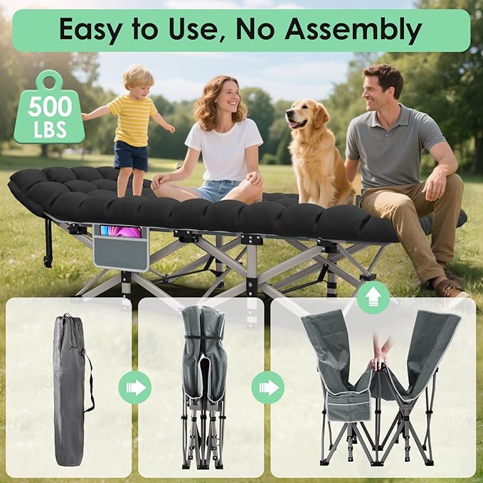 Suteck Camping Cot, Folding Camping Cot Bed for Adults Sleeping 1200D Double Layer Oxford Portable Folding Outdoor Cots for Camping W/Soft Pad Carry Bag for Home Office Nap Beach Travel