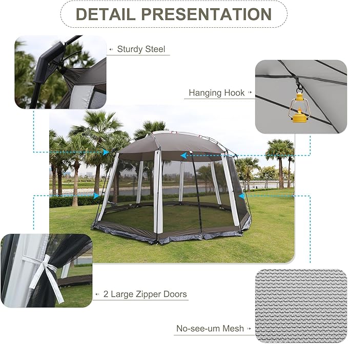 HYPER VENTURE Screen House 13x13 Feet Octagonal Mesh Canopy Camping Gazebo Shelter Tent for 8-10 People Outdoor Party Activities, Grey
