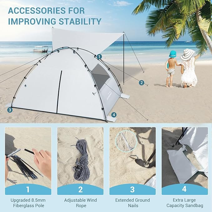 Elegear CumbreX™ Beach Tent Sun Shelter with Canopy, 4-5 Person Pop Up Beach Tent, Easy Setup UPF 50+ UV Protection Portable Lightweight Double Silver Coating Cabana Sun Shade Shelter - Silver