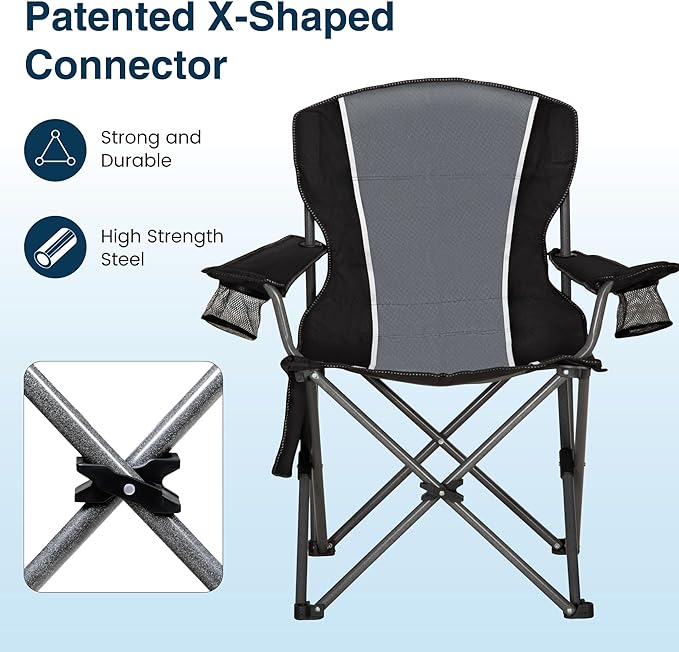 HIGH POINT SPORTS Oversized Camping Folding Chair, Heavy Duty Outdoor Chair with Armrest, Portable Lawn Chair with Cup Holder for Adults Support 350 LBS, 2 Pack, Gray-Black