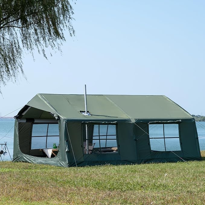 Inflatable Camping Tent with Hand Pump Waterproof Outdoor Blow up Tent 2-8 Person Oxford 4 Season Glamping Air Tent Cabin House with Mesh Windows & Door