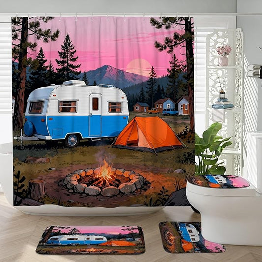 Camping Shower Curtain Sets, Outdoor Adventure Tent Campfire Summer Blue Waterproof Fabric Bathroom Cloth Shower Curtain and Rug Set for Home Bath Toile Hotel Decor 72x72 Inch