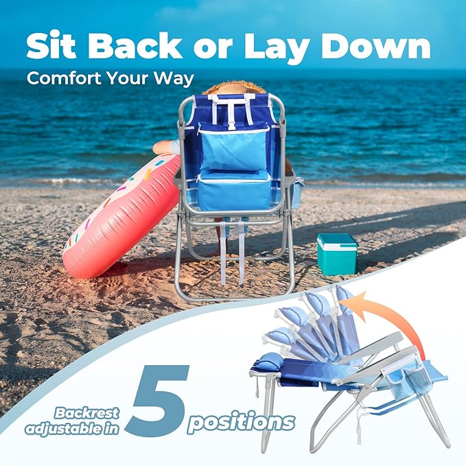 Tall Beach Chairs for Adults – 5-Position Reclining Backpack Chair with Large Insulated Cooler & Storage Pocket, Aluminum Frame, Portable for Travel & Outdoor, Supports 300lbs,Wave Blue，2 Pack
