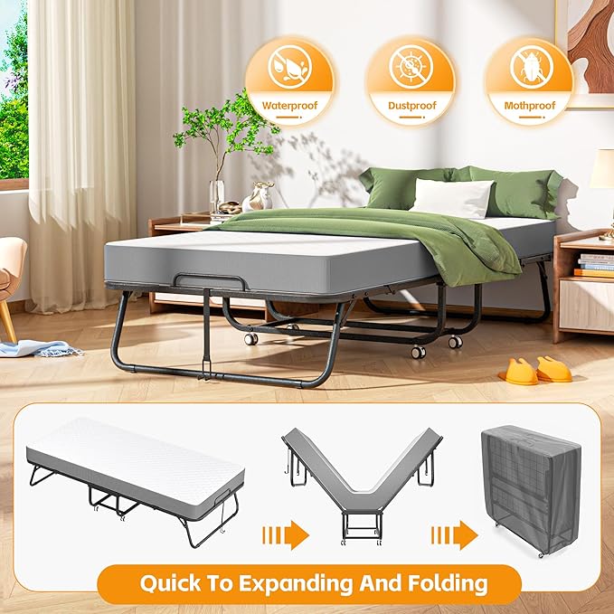 INTERGREAT Folding Bed with Mattress, Roll Away Beds with Mattress for Adults, Single Cot Foldable Rollaway Beds, 75" x 31" Portable Bed for Easy Storage, Strong Frame for Guest Room, Small Apartment