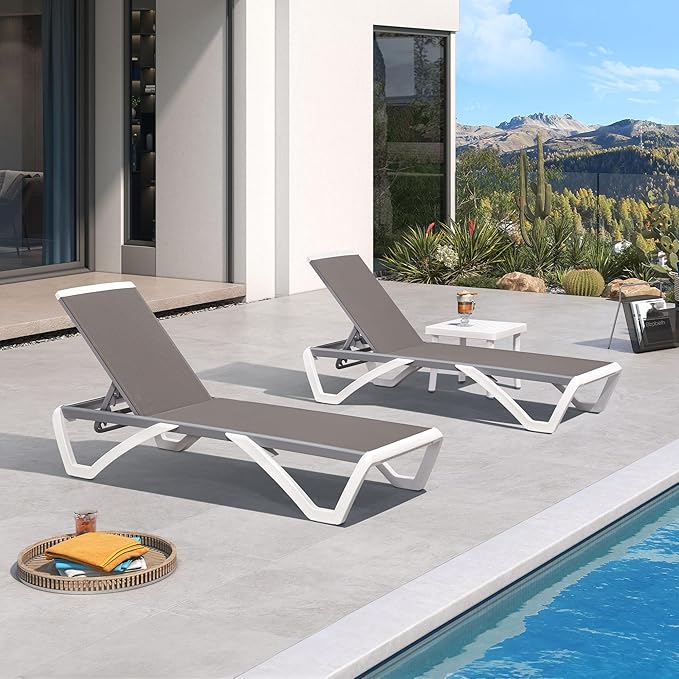 PURPLE LEAF Patio Chaise Lounge Chair Set of 3 Outside Aluminum Plastic Stackable Tanning Chairs for Pool Sunbathing Beach Deck Outdoor Lounger, Taupe