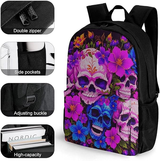 Lightweight Daypack Backpack for Trekking Work Running, Big Capacity Multipurpose Anti-Theft Bookbag, Purple Psychedelic Mexican Sugar Skulls Day Of The Dead Floral Flowers Business Computer Bag