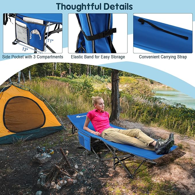 Goplus Folding Camping Cot, 27.5" Sleeping Cot for Adults with Carry Bag, 600LBS Weight Capacity, Slanted Head, Side Pocket, Heavy Duty Portable Camping Bed for Kids, Beach, Office Snap (Blue)