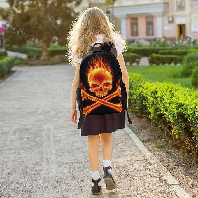 Polyester Daypack for Camping Travel Walking Cycling, Big Capacity Anti-Theft Multipurpose Bookbag, Fire Flaming Skull Crossbones Camping Outdoor Backpack