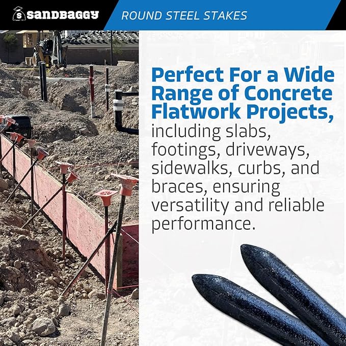 Sandbaggy Round Steel Concrete Form Stakes with Nail Holes - Rust Resistant Coating - Removable, Reusable (100, 3/4 in X 36 in)