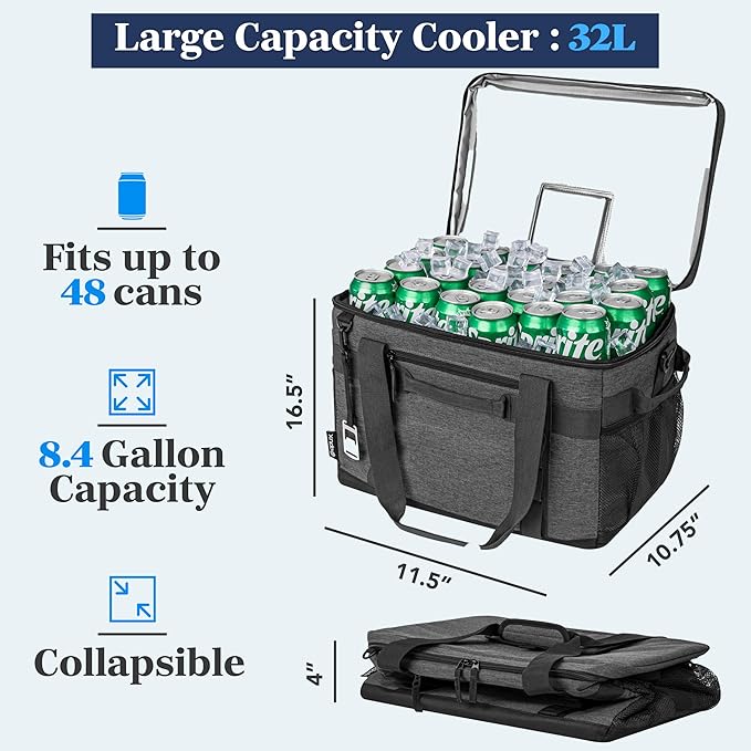 OPUX Cooler Bag, 48 Cans Insulated Soft Collapsible Portable Cooler, Soft Sided Leakproof Cooler for Beach Camping with Shoulder Strap, Ice Chest for Travel Road Trip Picnic, Charcoal Gray