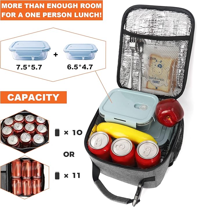 Lunch Box for Men Women Adults Small Lunch Bag for Office Work Picnic - Reusable Portable Lunchbox, Grey