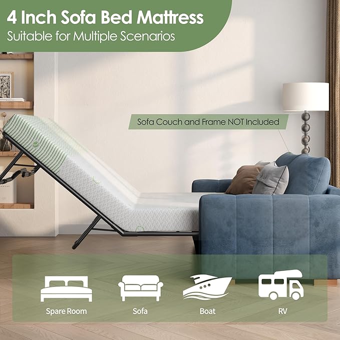 4 Inch Gel Memory Foam Sofa Mattress Full Size, Mattress Replacement for Sleeper Sofa, Couch Bed, Guest Rooms, RVs & Boats, White