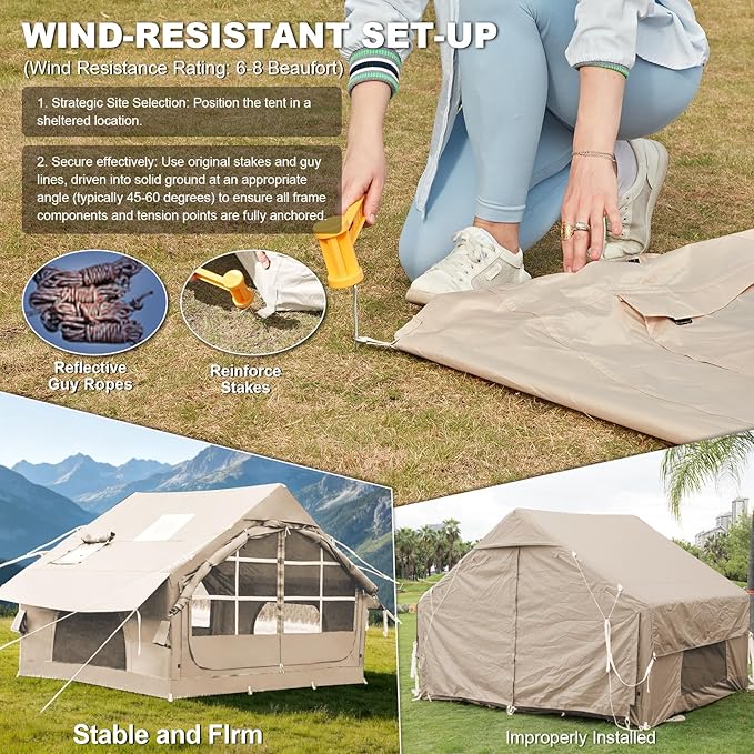 Inflatable Camping Tent,2/4/6/8 Person Glamping Inflatable Tents with Awning, Quick Setup Blow Up Tents with Pump, Waterproof Oxford Inflatable House for Camping, Air Glamping Hot Tents for Adult
