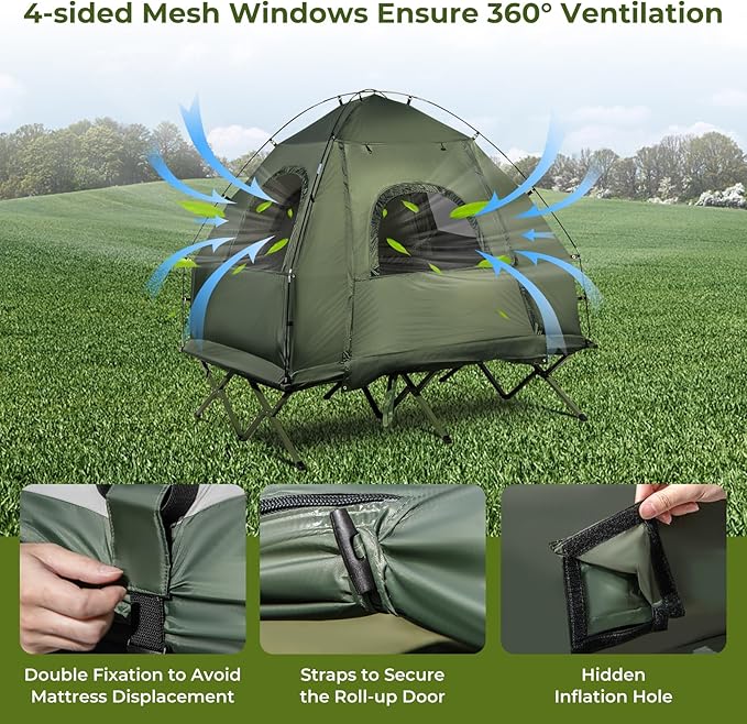 LDAILY Camping Tent Cot, 5 in 1 Off Ground Elevated Tent with Air Mattress, Sleeping Bag & Pillow, Folding Camping Cot Combo with Carrying Bag for Outdoor Hiking, RV, Picnic, Field Backyard (2 Person)