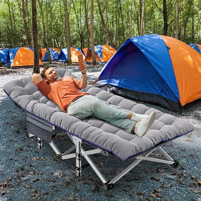 ABORON Oversized XXL Folding Camping Cot W/Mat for Adults, 78" L x 32" W x 18" H Heavy Duty Outdoor Bed with Carry Bag,1200 D Layer Oxford Travel Camp Cots