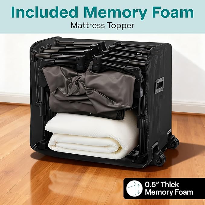 SereneLife (Twin) EZ Bed Luxe Air Mattress with Frame and Rolling Case - Luxury Series with Bonus Memory Foam Cover, Constant Comfort Pressure Maintaining Pump, Built-in Headrest, Wall Plug AC